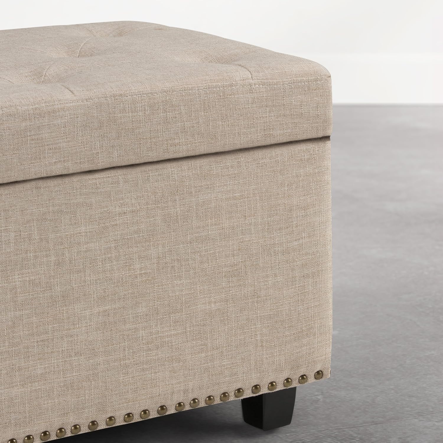 SIMPLIHOME Hamilton Storage Ottoman - 48 in Wide Upholstered Linen Look Fabric Rectangle Storage Ottoman Bench in Natural Beige, Traditional Tufted Ottoman for Living Room or Entryway with Lift-Up Lid