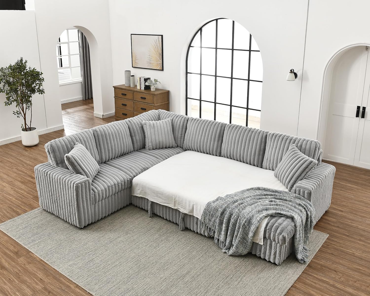 122" Oversized Sectional Sleeper Sofa with PullOut Bed - Gifts for Men Women,U Shape Sectional Couch with Storage Chaise Lounge for Apartment,6 Seat Corduroy Sofa with USB Port-Gray