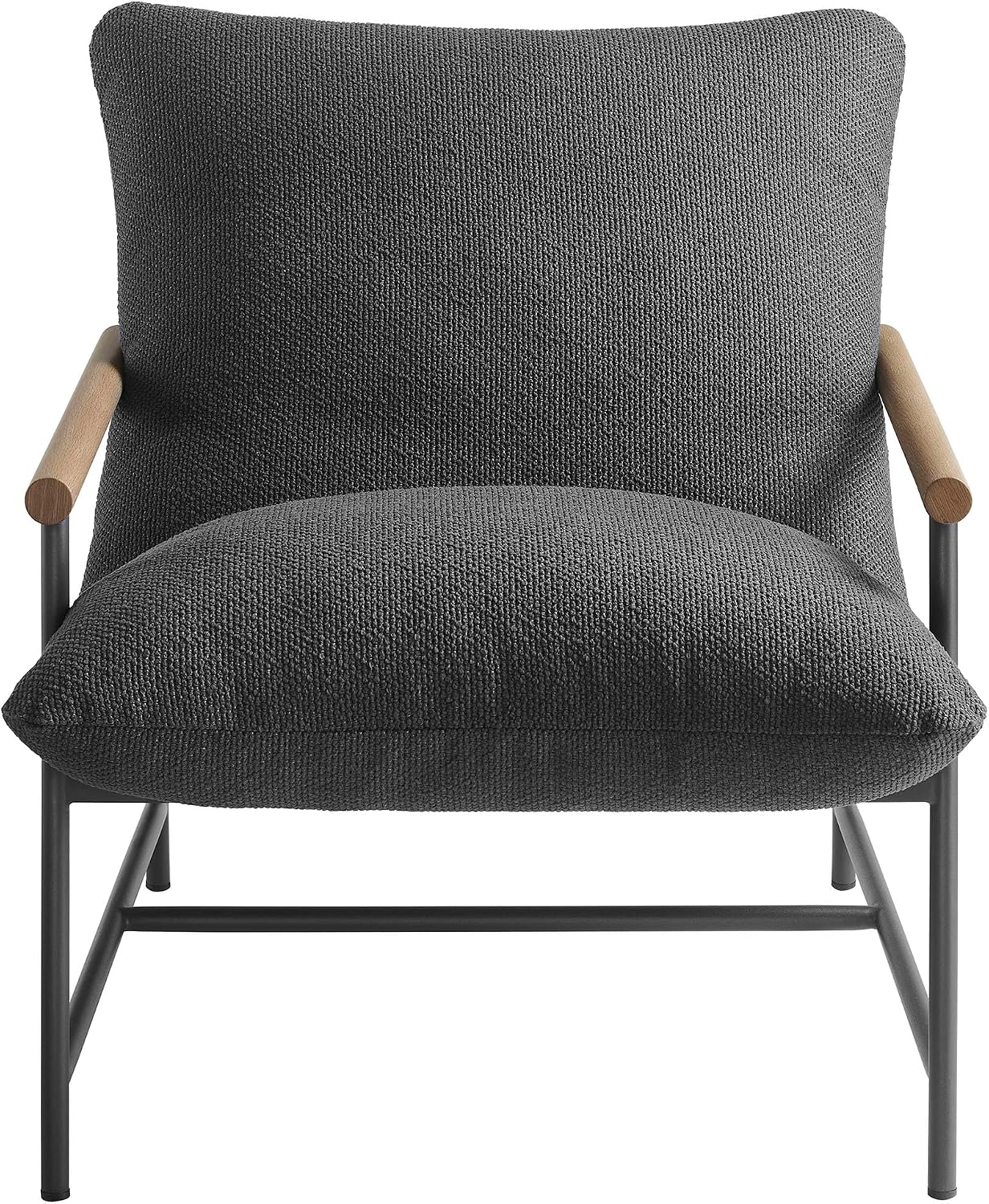 Modway Raya Outdoor Patio Boucle Sling Chair in Charcoal - Comfy Sling Accent Chair - Metal Frame Lounge Chair with Removable Boucle Cushion and Faux Wood Arms for Porch, Deck, Backyard