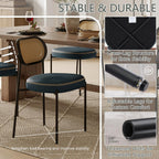 Rattan Dining Chairs Set of 2, Blue Leather Upholstered Dining Chairs with Rattan Cane Back, Mid Century Modern Dining Room Chairs with Black Metal Legs & D-Shaped Thicken Cushion, Blue
