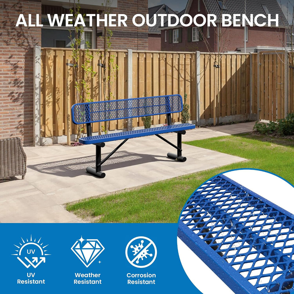 6 Feet Steel Park Bench for Outside, Outdoor Bench with Backrest & Portable Frame, Commercial Benches for Shopping Malls, Stores, Parks, Patios, Decks, Dark Blue