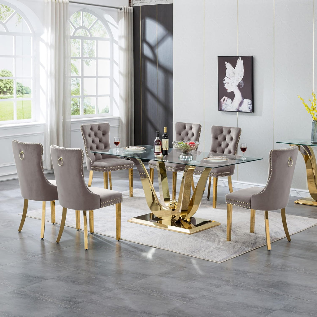 HomVent 70'' Glass Dining Table Set for 6, Modern Rectangle Glass Kitchen Table Set for 6, Kitchen Table and Chairs Set for 6 for Living Room,Kitchen