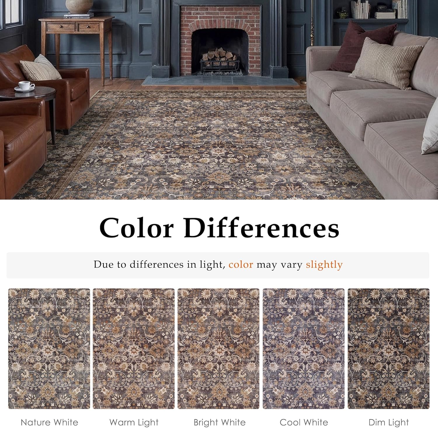 HUGEAR 2x6 Runner Rug Machine Washable Tradition Brown Hallway Area Rugs Indoor Accent Rugs Floral Low Pile Carpet Distressed Throw Rug Bedroom Living Room Office Dining Kitchen Laundry Non Slip