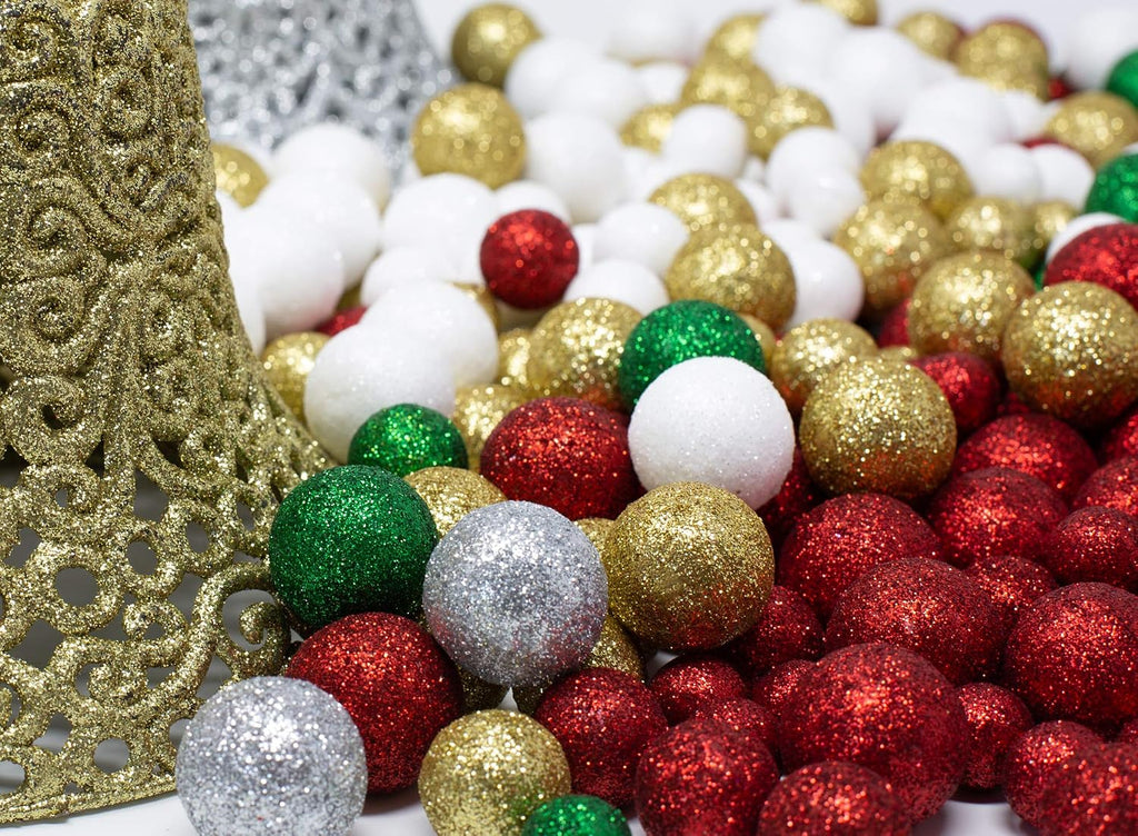 Multi Colored Glitter Foam Vase Fillers, 5 Bag Set – Silver, Red, Green, Gold & White Decorative Foam Balls, 3/8"–3/4", Bowl Fillers, Centerpiece Filler, Party Décor, Christmas & Holiday Craft Balls