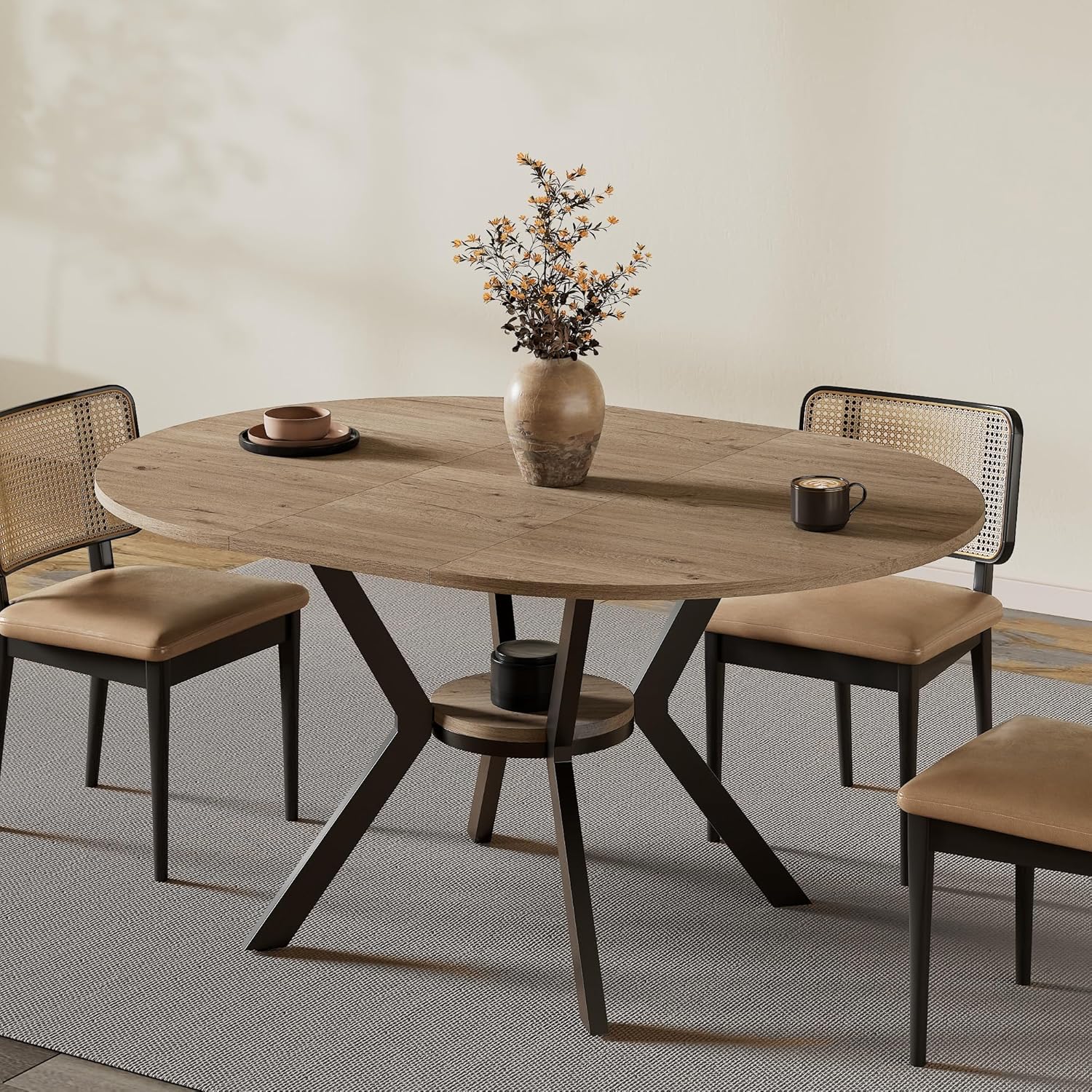 42"-58" Extendable Round Dining Table for 4-6, Kitchen Oval Table with Built-in Flip Leaf & Storage Shelf, Space Saving Modern Design with Sturdy Metal Legs for Kitchen, Living Room & Small Apartments