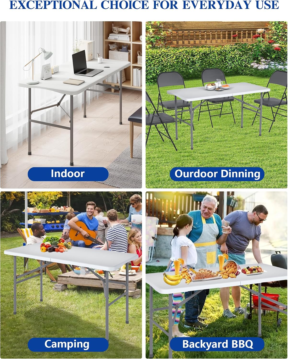 4FT Folding Tables – Heavy Duty Portable Foldable Picnic Table with Built-in Handle, 450 lb Capacity – Ideal for Events, Parties, Crafts, Camping & Dining (4-Pack, White)