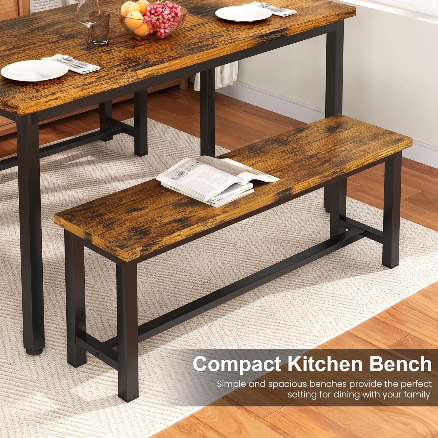 Recaceik Dining Benches - Pair of 2 Industrial Benches for Dining Room, Kitchen, Entryway, Bedroom - 39 Inch, Rustic Brown Metal Legs, Easy to Assemble