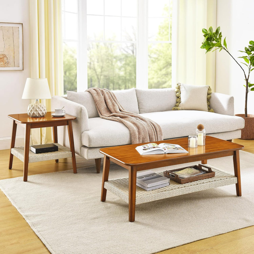 Small Side Table with Woven Shelf, Boho Mid-Century Bedside Table with Storage for Living Room, Couch, Patio, Office