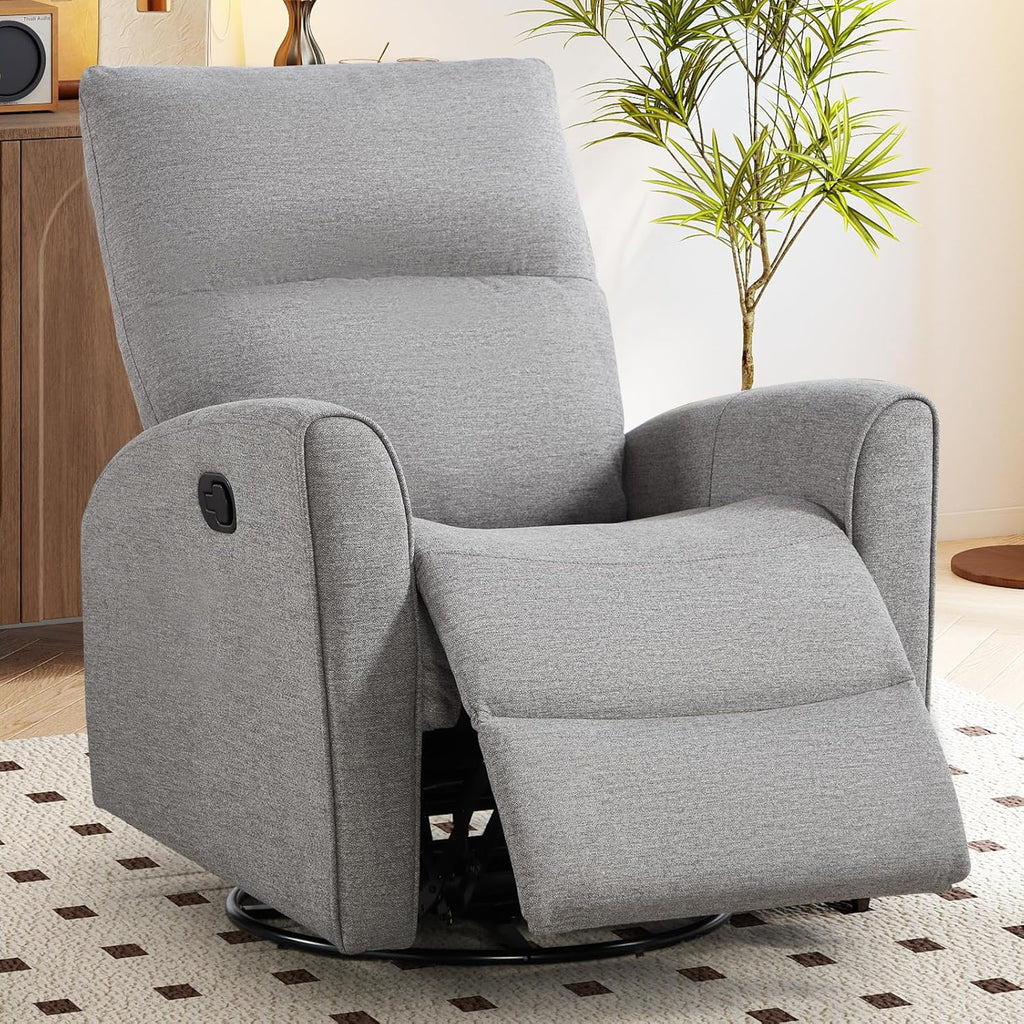CANMOV Recliner Rocker Swivel Chair, Manual Chenille Glider Rocking Chair, Swivel Glider Recliners with Soft Backrest, 360° Swivel Nursery Reclining Sofa for Living Room Bedroom, Light Grey