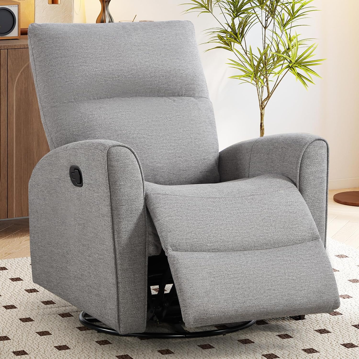 CANMOV Recliner Rocker Swivel Chair, Manual Chenille Glider Rocking Chair, Swivel Glider Recliners with Soft Backrest, 360° Swivel Nursery Reclining Sofa for Living Room Bedroom, Light Grey