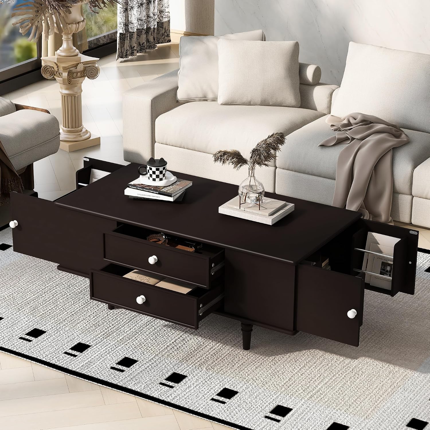 Modern Coffee Table with 4 Drawers, Hidden Side Table Compartments, Interior Shelves, Solid Wood Legs & Durable MDF Structure, End Table for Living Room, Kitchen, Dining Room & Bedroom, Easy Assembly