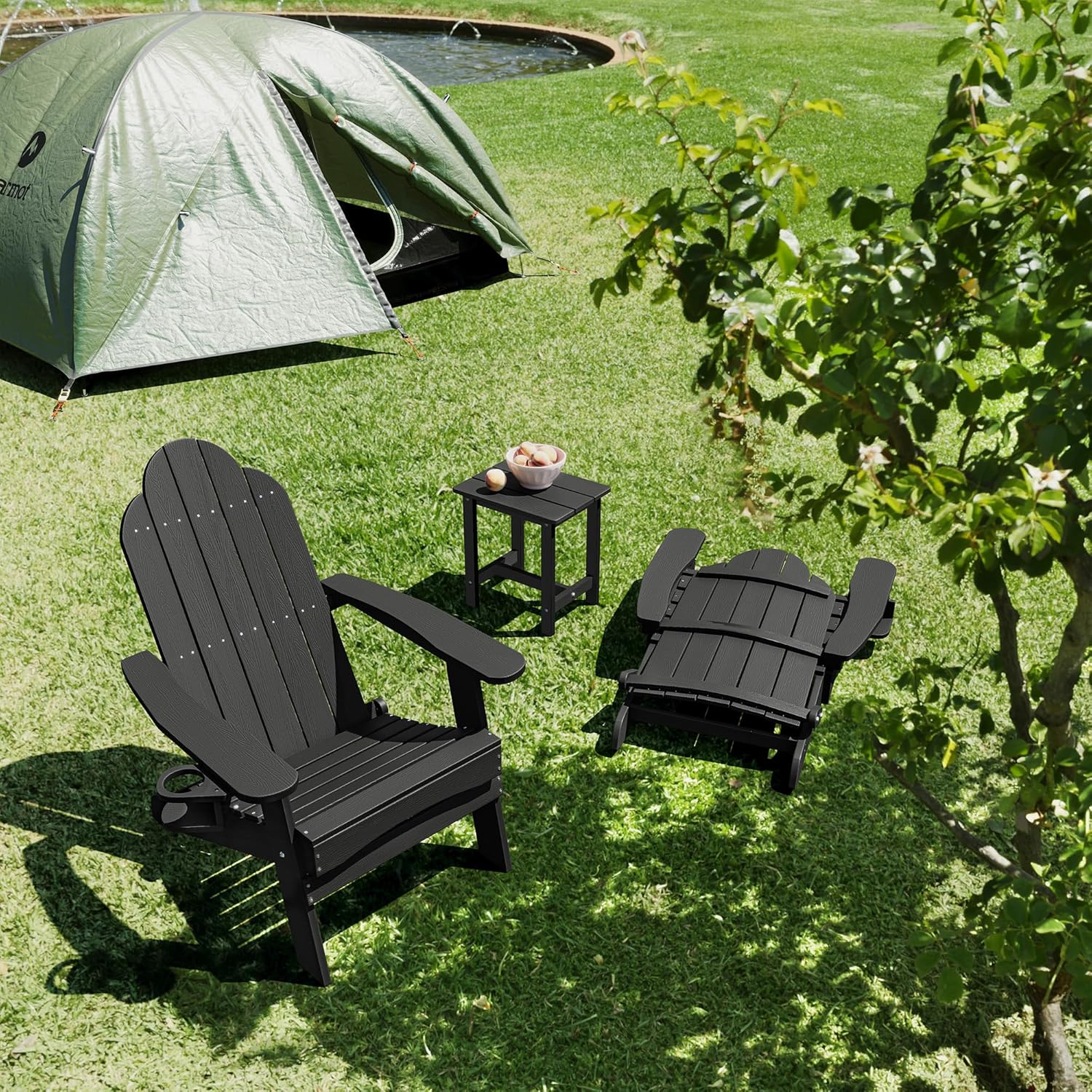 LUE BONA Folding Adirondack Chair Set of 4, Black HDPS Fire Pit Patio Chairs Weather Resistant, Modern Plastic Outdoor Chairs with Cup Holder