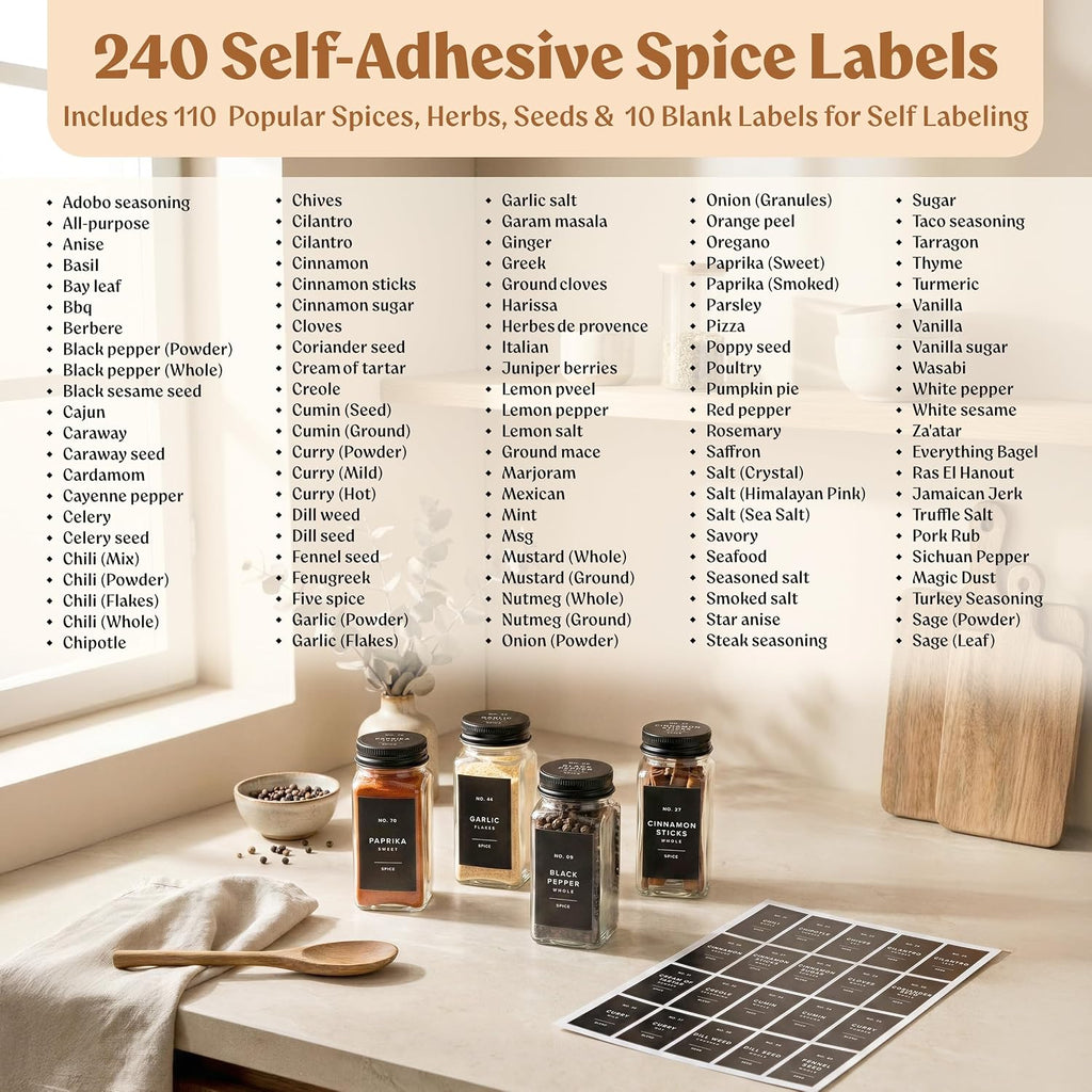 EDELHAUS Glass Spice Jars with Label and Black Aluminium Lids (24 x 4oz) Spice Containers with 240 Labels, Shaker Inserts, Steel Funnel, Empty Square Seasoning Organizer (Black Aluminium Lid)