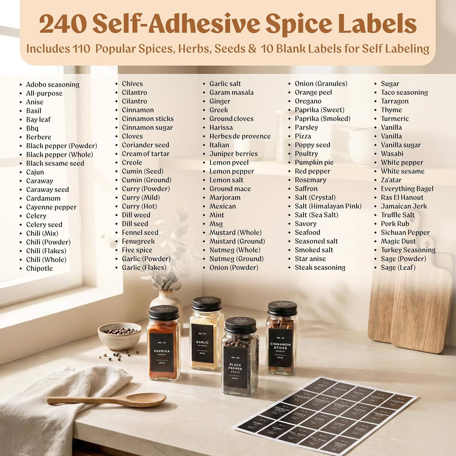 EDELHAUS Glass Spice Jars with Label and Black Aluminium Lids (24 x 4oz) Spice Containers with 240 Labels, Shaker Inserts, Steel Funnel, Empty Square Seasoning Organizer (Black Aluminium Lid)