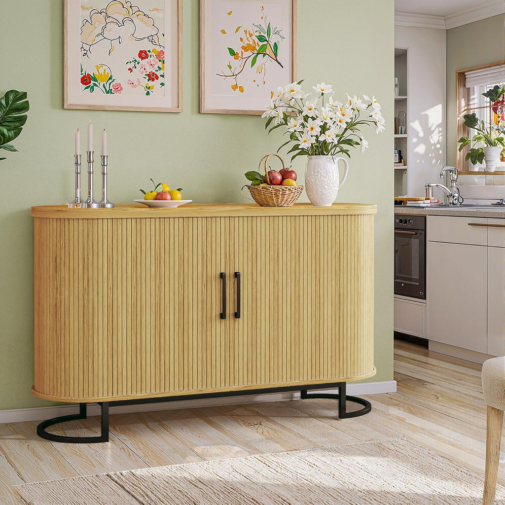 HUAHUU Sideboard Buffet Cabinet with Storage, 47.2" Fluted Storage Cabinet with Sliding Door & Adjustable Shelf, Modern Accent Coffee Bar Console Cabinet for Living Room Kitchen, Natural Oak