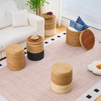 Wimarsbon Storage Pouf Ottoman, Hand Weaving Natural Straw Foot Stool, Bohemian Round Patio Ottomans, Rustic Lounge Pouffe, Outdoor Extra Seat for Garden (14inch Natural Cattail L)