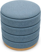 Ottoman Collection Stylish Linen Cylinder Storage Light Blue Round Footrest Vanity Stool Furniture Living Room Small Bench 16" L X16 W X 17" H