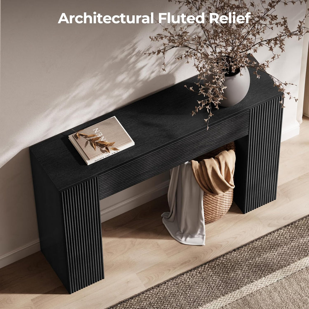 43" Fluted Mid Century Modern Narrow Console Table with Storage, Farmhouse Skinny Entryway Table, Small Entry Table & Storage Cabinet, Sofa Table Behind Couch for Living Room, Hallway, Entrance, Black
