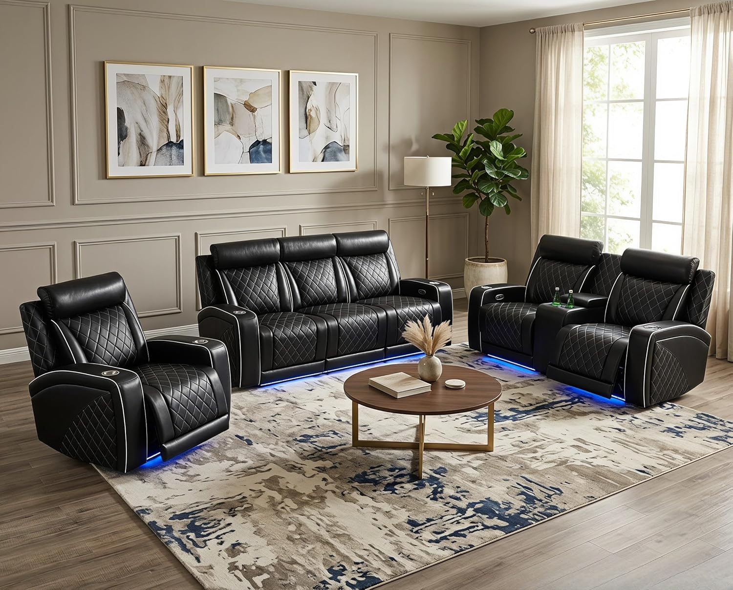 Power Recliner Sofa Set, Breathing Leather Reclining Couch Set, 3 Piece Living Room Furniture Set with LED Lights/Charging Ports/Storage for Home/Office (Black New, Sofa+Loveseat+Chair)
