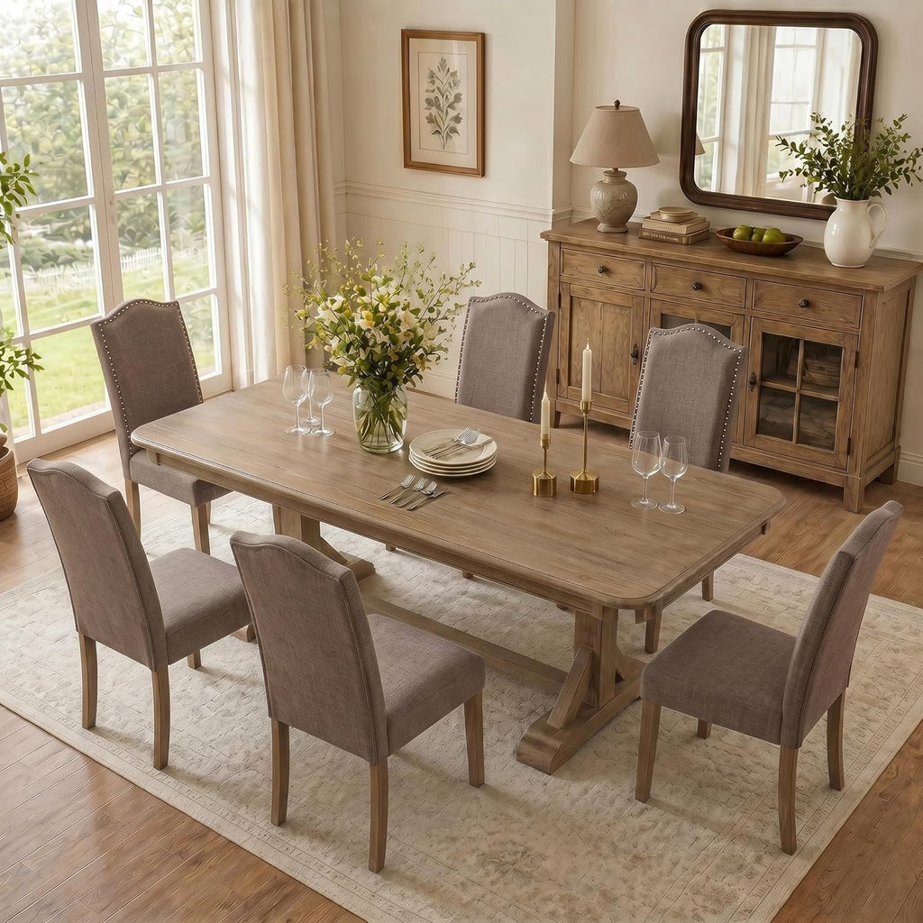 Upholstered Dining Chair Modern Stylish Parsons Kitchen Diner High Back with Silver Nailhead Trim & Wood Legs, Set of 4, Fabric Brown