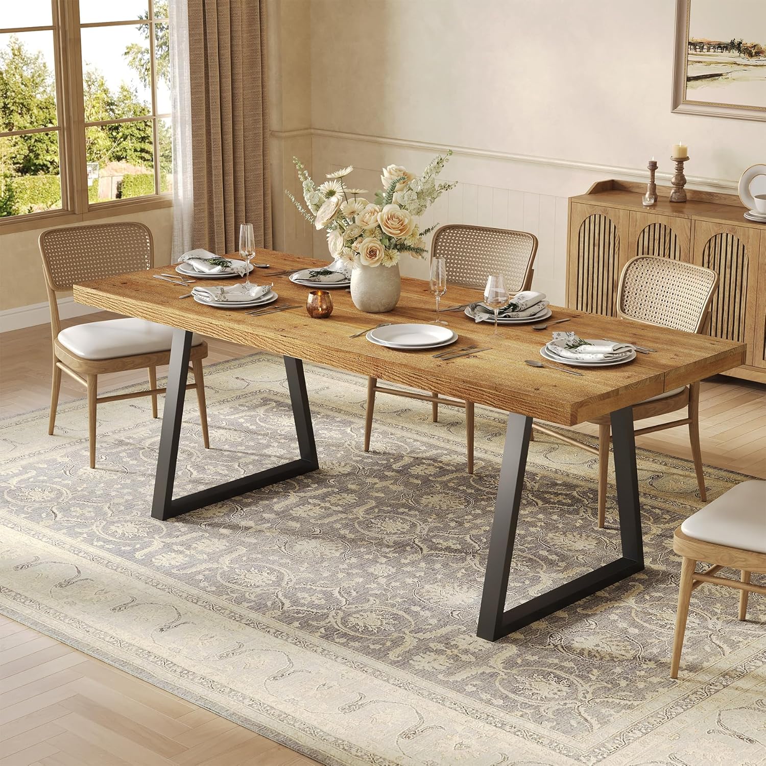 63" Industrial Dining Table for 4-6 People, Solid Wood Rectangular Kitchen Table with Heavy-Duty Metal Legs for Home, Dining Room, Small Space, Rustic Brown