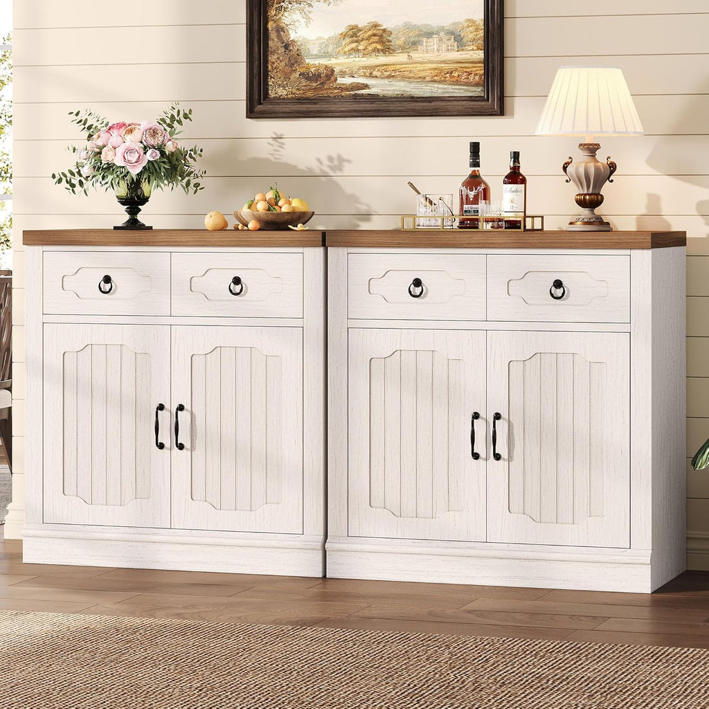 LIKIMIO Buffet Cabinet with 2 Drawers, 32" Sideboard Buffet Storage Cabinet with Doors and Shelves, Farmhouse Coffee Bar Station Kitchen Cabinet for Dining Room, Living Room, Entryway, White
