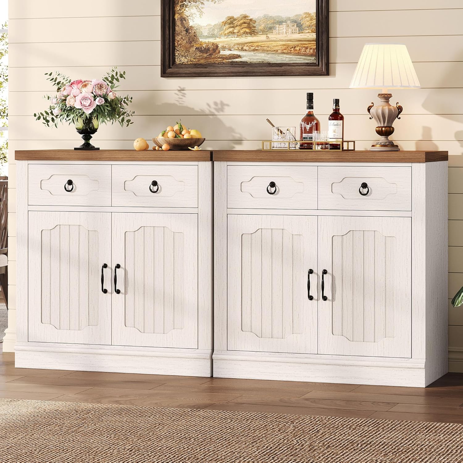 LIKIMIO Buffet Cabinet with 2 Drawers, 32" Sideboard Buffet Storage Cabinet with Doors and Shelves, Farmhouse Coffee Bar Station Kitchen Cabinet for Dining Room, Living Room, Entryway, White