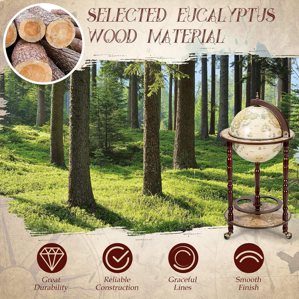 LDAILY 17.5’’ Wood Globe Bar, 16th Century Italian Replica Vintage Bar Cart with Wheels, Alcohol Cabinet with Liquor Storage, Bottom Shelf & Old World Map, Round Bar Cart for Home (Creamy White)