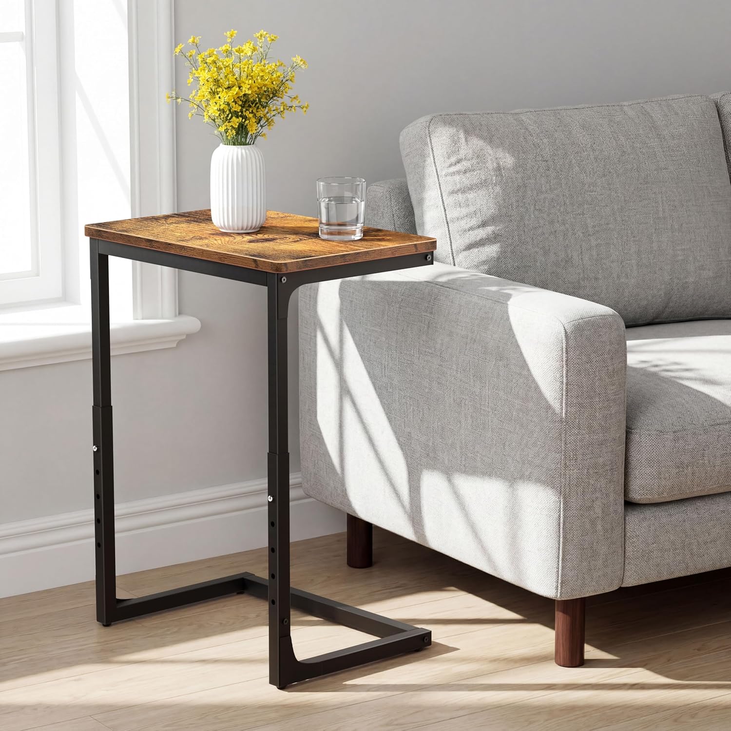 5-Level Adjustable C Side Table - End Table Living Room Bedroom Indoor Small C Shaped Couch Tray Desk, Farmhouse Brown