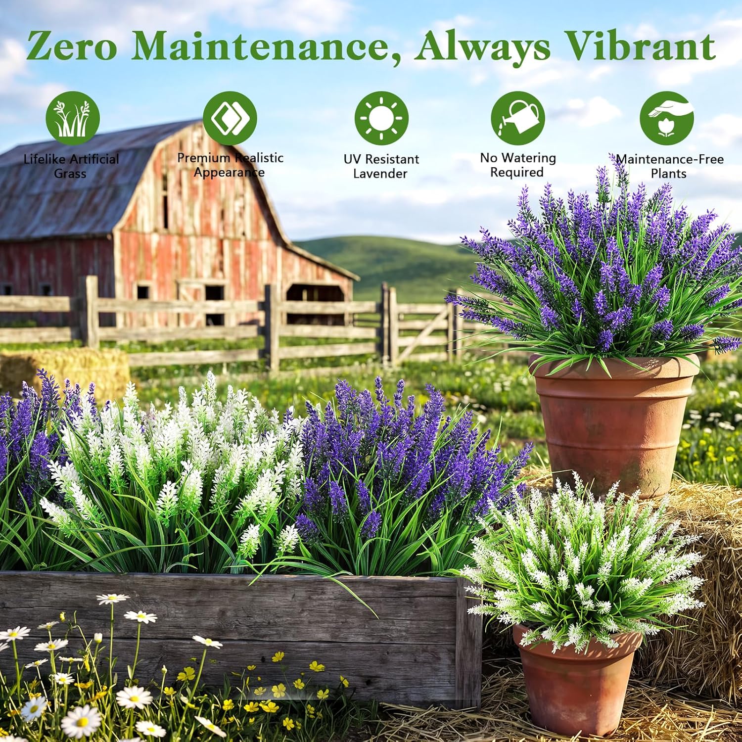 16 Bundles Faux Outdoor Plants, UV Resistant Fake Lavender & Monkey Grass, Realistic Artificial Flowers & Greenery for Outdoor Planters, Porch, Patio, Farmhouse Decor (Purple)