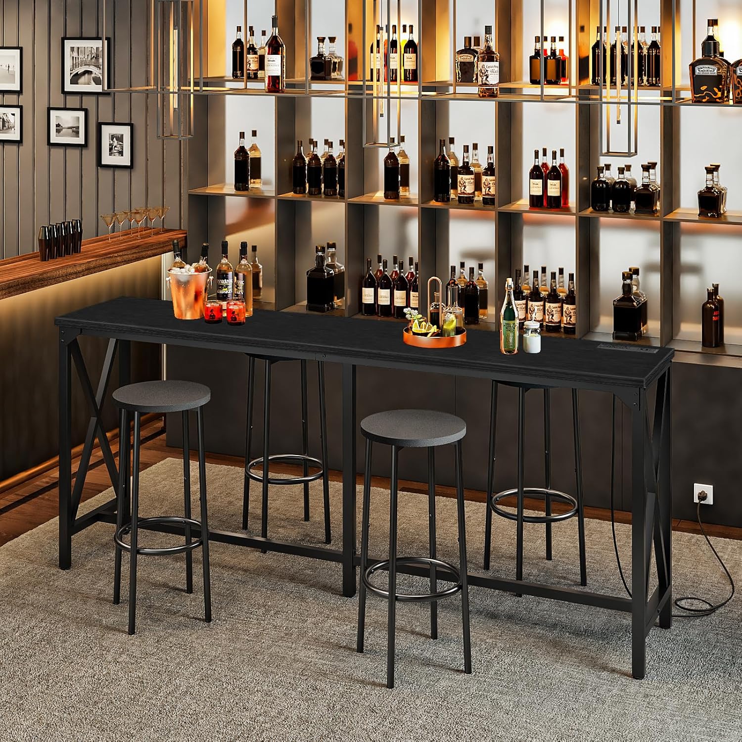 CHOEZON 70.9'' Bar Table, Kitchen Dining Table with Power Outlet and Footrest, Industrial Style, for Pub, Living Room, Black TBT08UBB