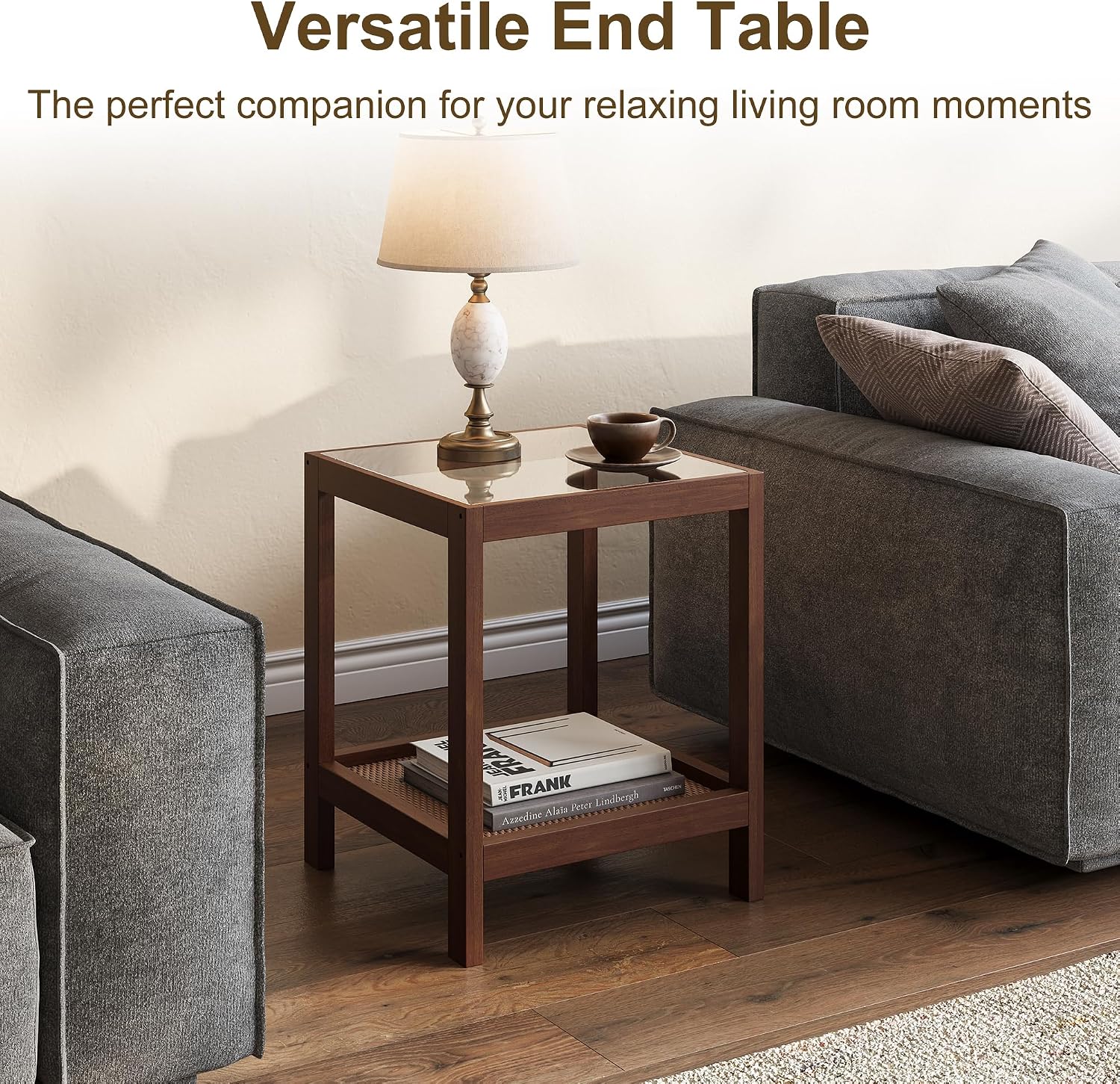 wanan Solid Wood End Tables Set of 2, Boho Rattan Nightstand with Glass Top & 2-Tier Storage Shelves, Mid-Century Modern Accent Table for Small Spaces, 18"x18"x22"