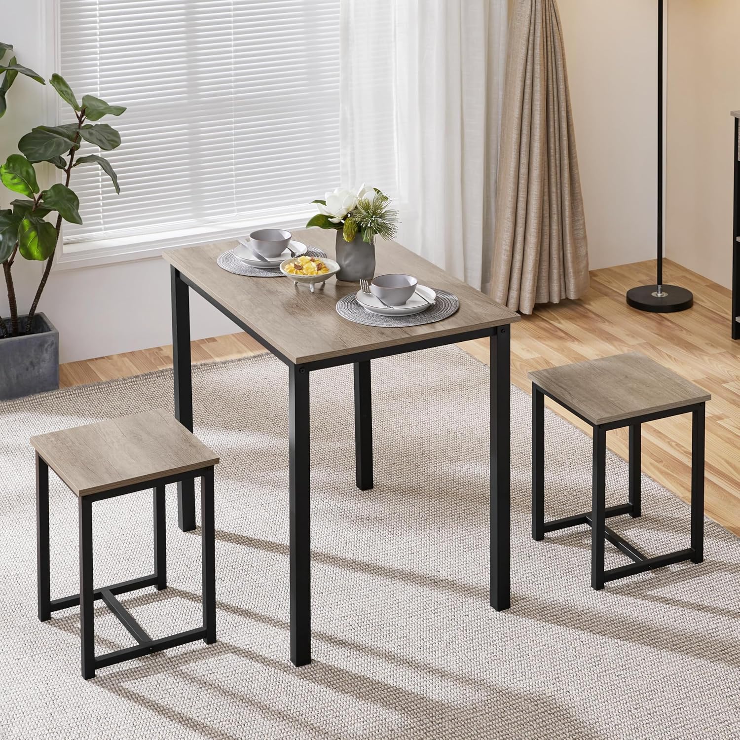 Yaheetech 3 Piece Dining Table Set - Kitchen Table & Chair Sets for 2 - Compact Table w/ 2 Stools & Space Saving Design for Dining Room Living Room Kitchen, Gray