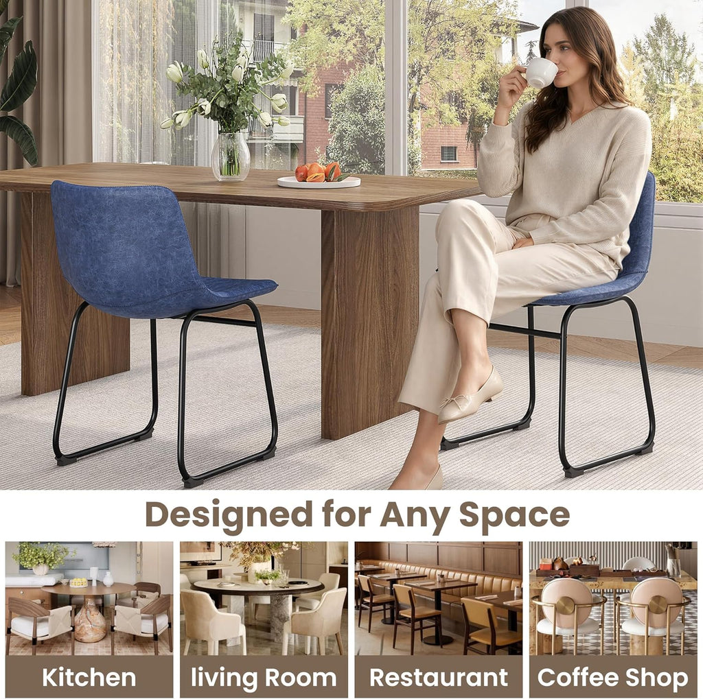REONEY Dining Chairs Set of 2, PU Leather Armless Dinner Chairs with Backrest, 18" Modern Kitchen Dining Room Chair with Metal Legs for Home (Navy)
