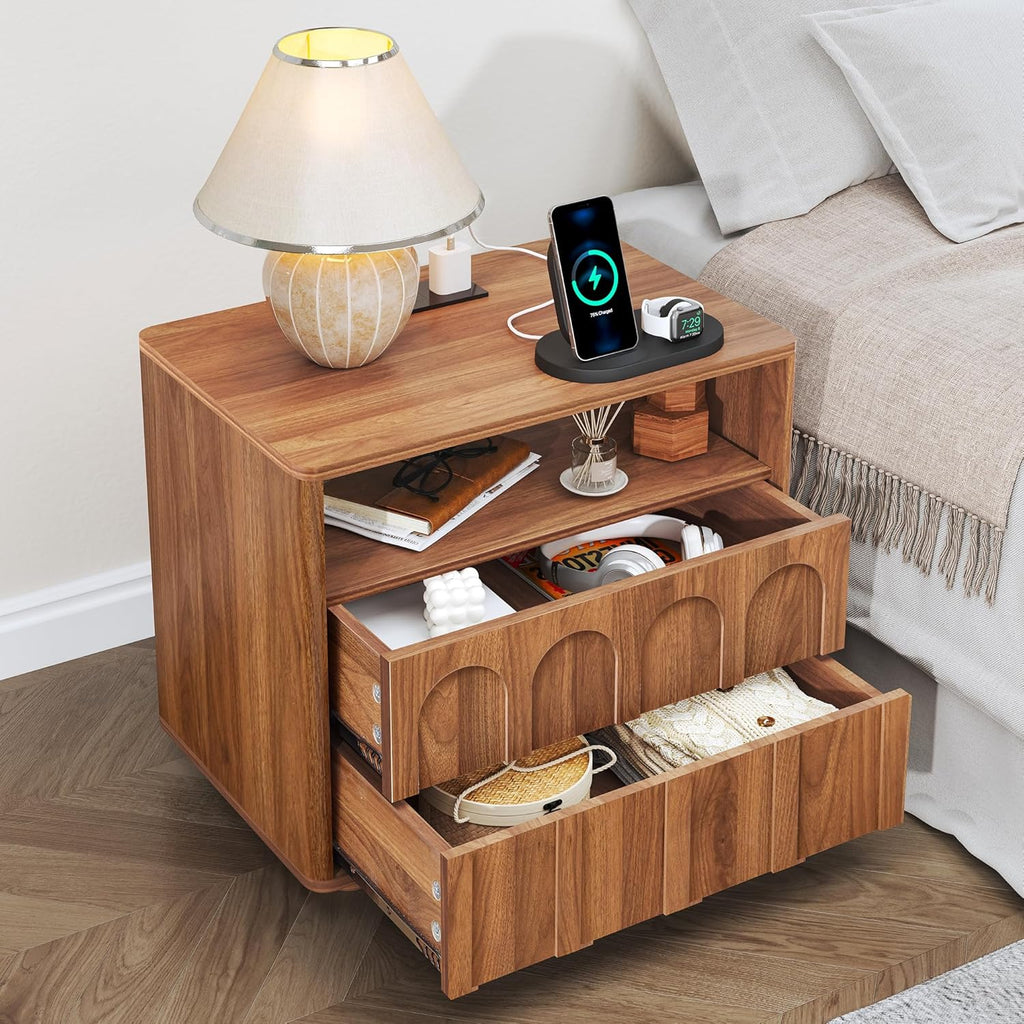 FurSch Mid Century Modern End Table with Charging Station Set of 2, 23.62” Wide Wood End Table & Nightstand with Arch Design Panel and Curved Edge for Living Room, Bedroom (Walnut-2 pcs)