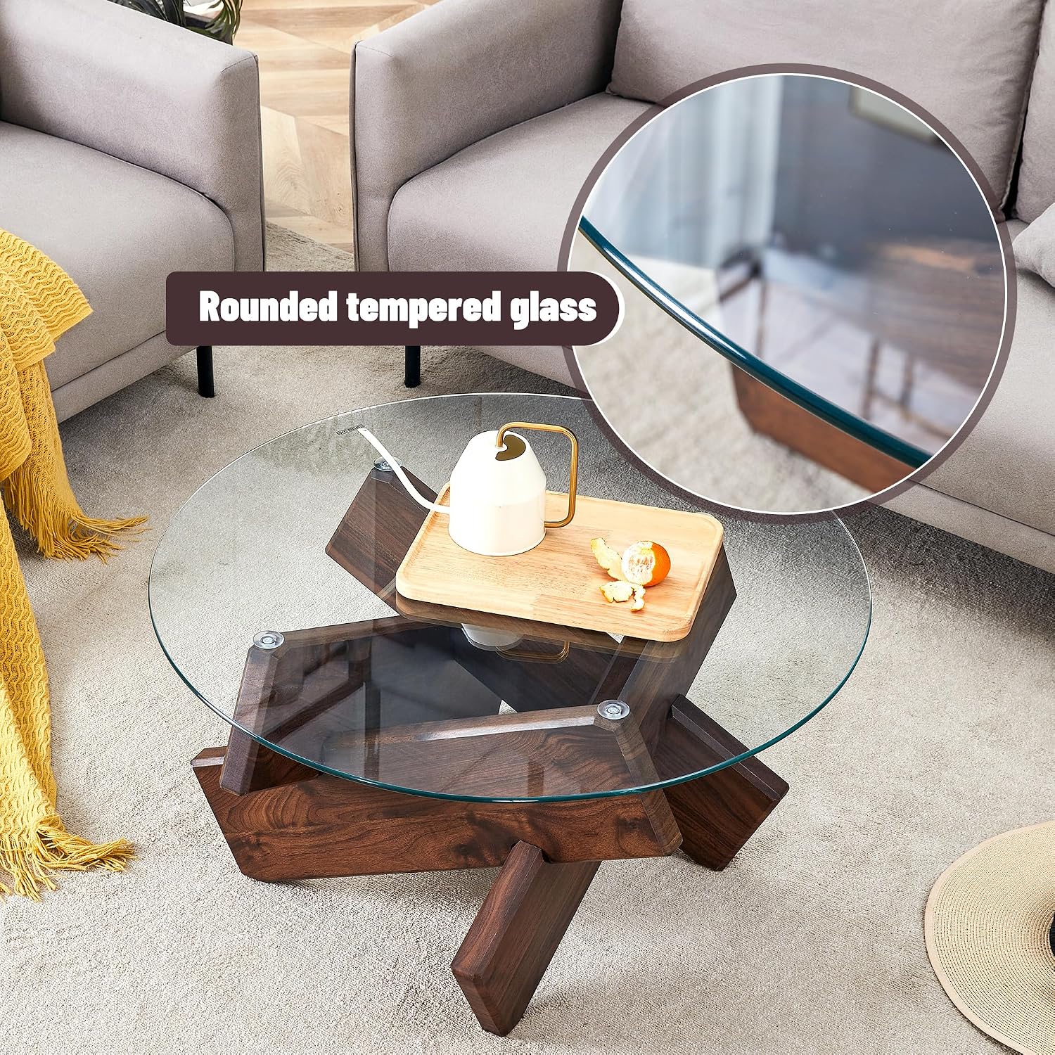 Round Glass Coffee Table, 33.4 Inch Clear Tempered Glass Top Coffee Table with Walnut Crossed Legs, Modern Small Glass Center Table for Living Room Home