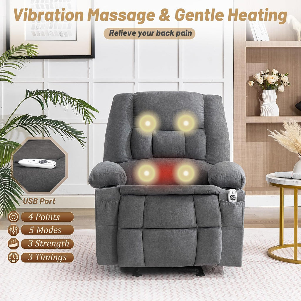 Rocker Recliner Chair with Massage and Heat, Nursery Rocking Chairs for Living Room, Ergonomic Comfy Relining Chair with Cup Holders, USB Charge Port, Side Pockets, Comfortable Arms, Grey