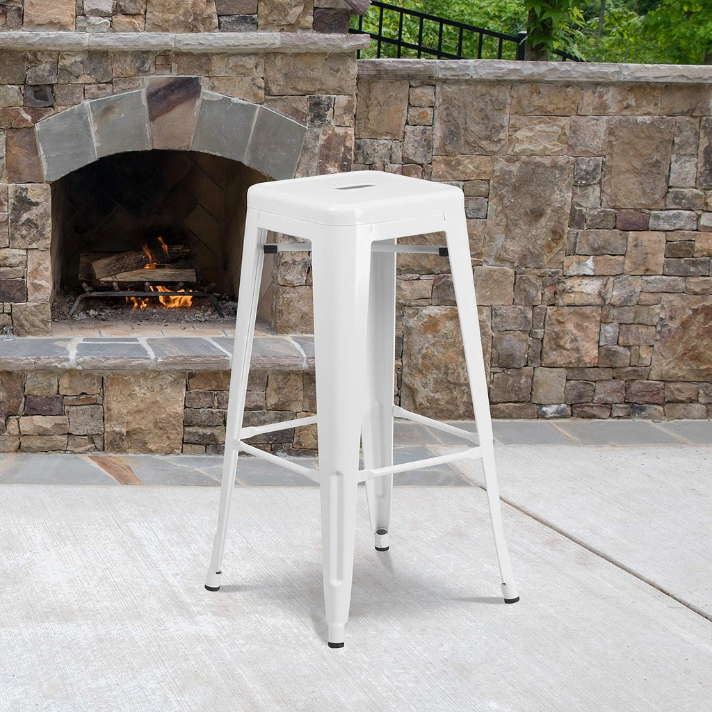 EMMA + OLIVER Commercial Grade 30" H Backless White Metal Indoor-Outdoor Barstool, Square