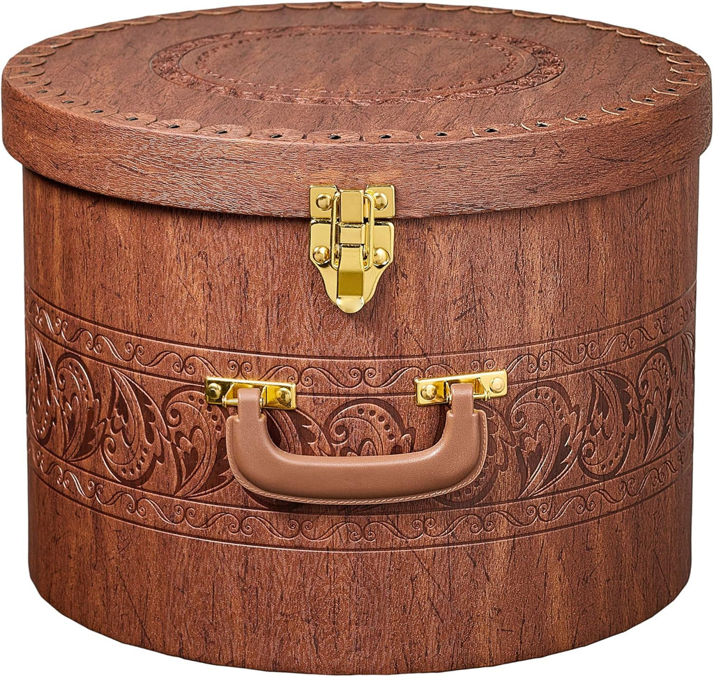 Creative Scents Large Hat Box for Men & Women Storage- Round Hat Box Container Easy Travel with Gold locking Lid and Sturdy Handle Great for Carrying & Protecting Round Hats and Caps. (Brown)