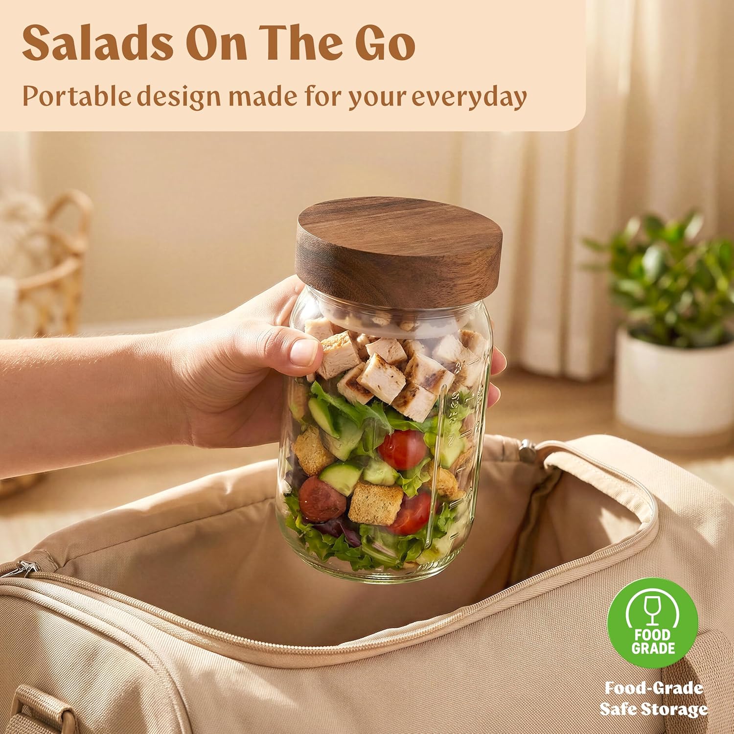 EDELHAUS 4 Pack Glass Salad Jars with Wooden Lids for Meal Prep, Leakproof Container with Two Small Built in Cups for Wet/Dry Separation for Salad Dressing and Ingredients, 32oz Mason Jars (Acacia)
