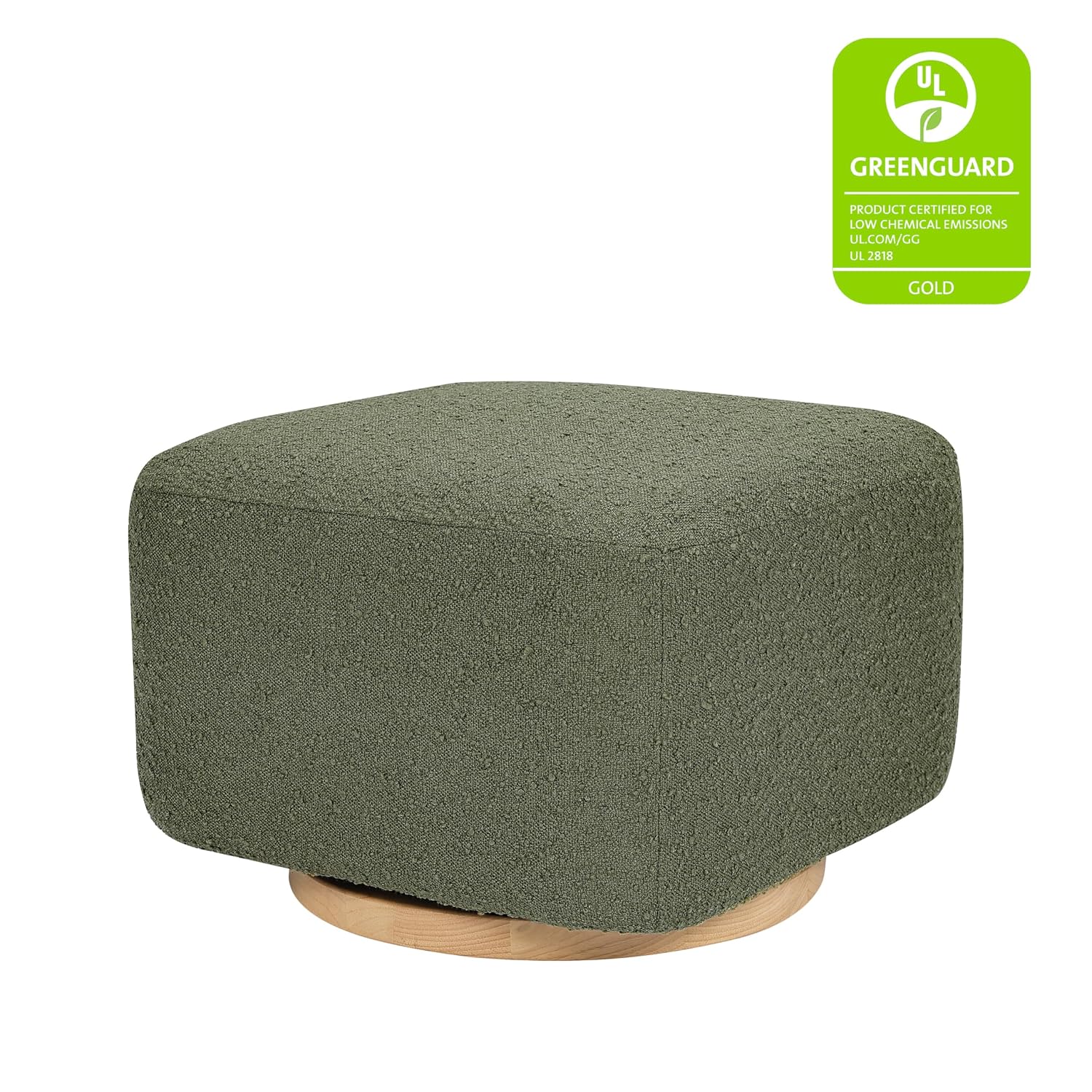 Babyletto Kiwi Gliding Ottoman in Olive Boucle with Light Wood Base, Greenguard Gold and CertiPUR-US Certified