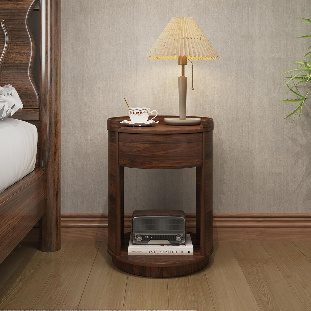 Chogori Solid Wood End Table Set of 2 with Drawer & Storage Shelf – Walnut Round Accent Nightstand, Farmhouse Side Table for Small Spaces, Living Room, Easy Assembly