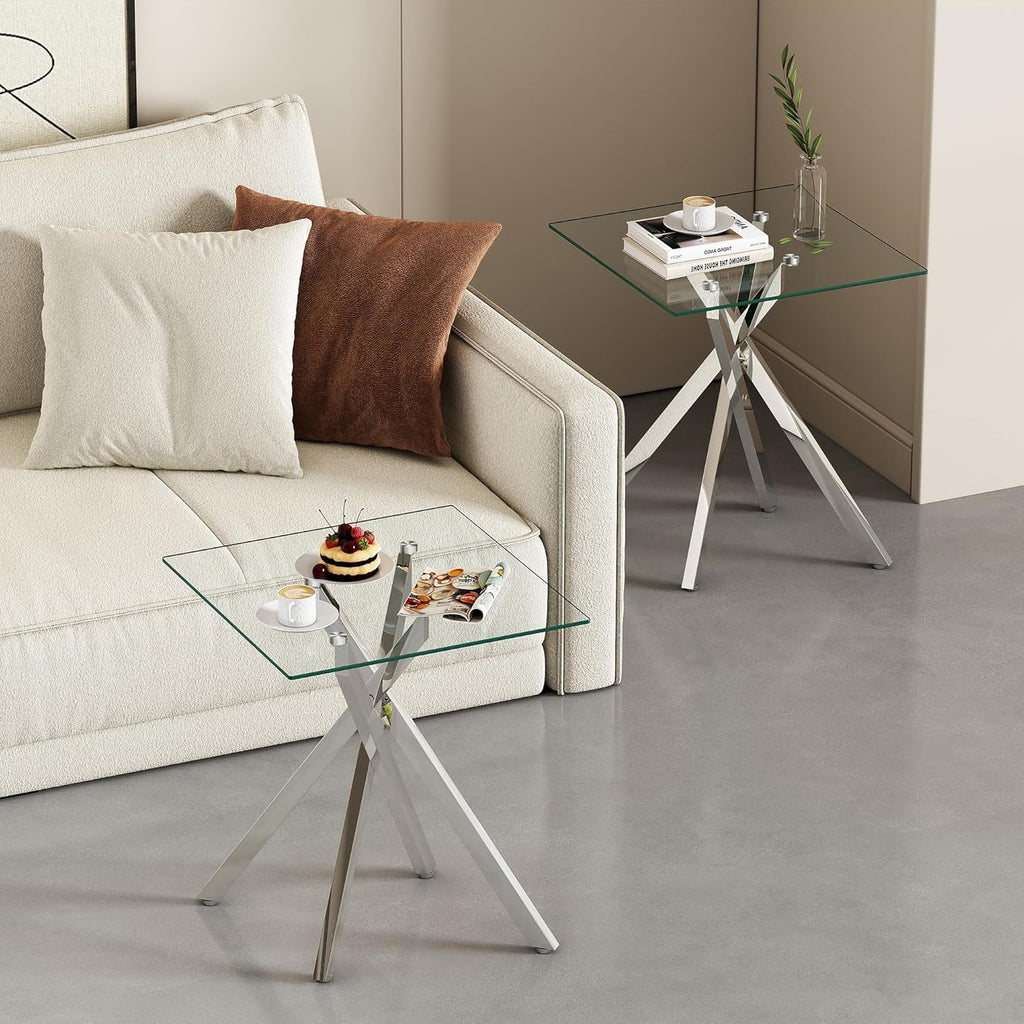 Modern Glass Side Table 17.72" Square End Table with Metal Legs, Small Clear Tempered Glass Sofa Tables for Living Room, Bedroom, Nightstand (Silver)