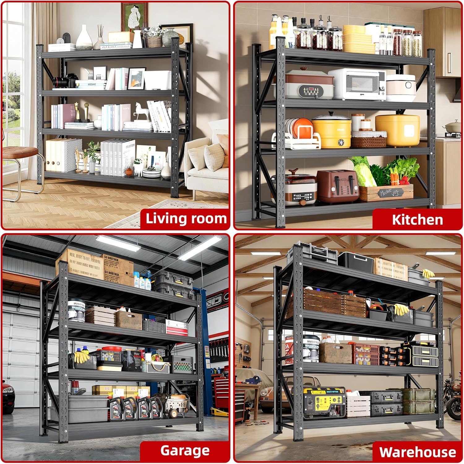 Heavy Duty Garage Shelving 70" W x 23" D x 69" H, 5000LBS Metal Shelving Unit,4-Tier Adjustable Storage Shelves, Boltless Steel Storage Rack for Garage Warehouse Basement