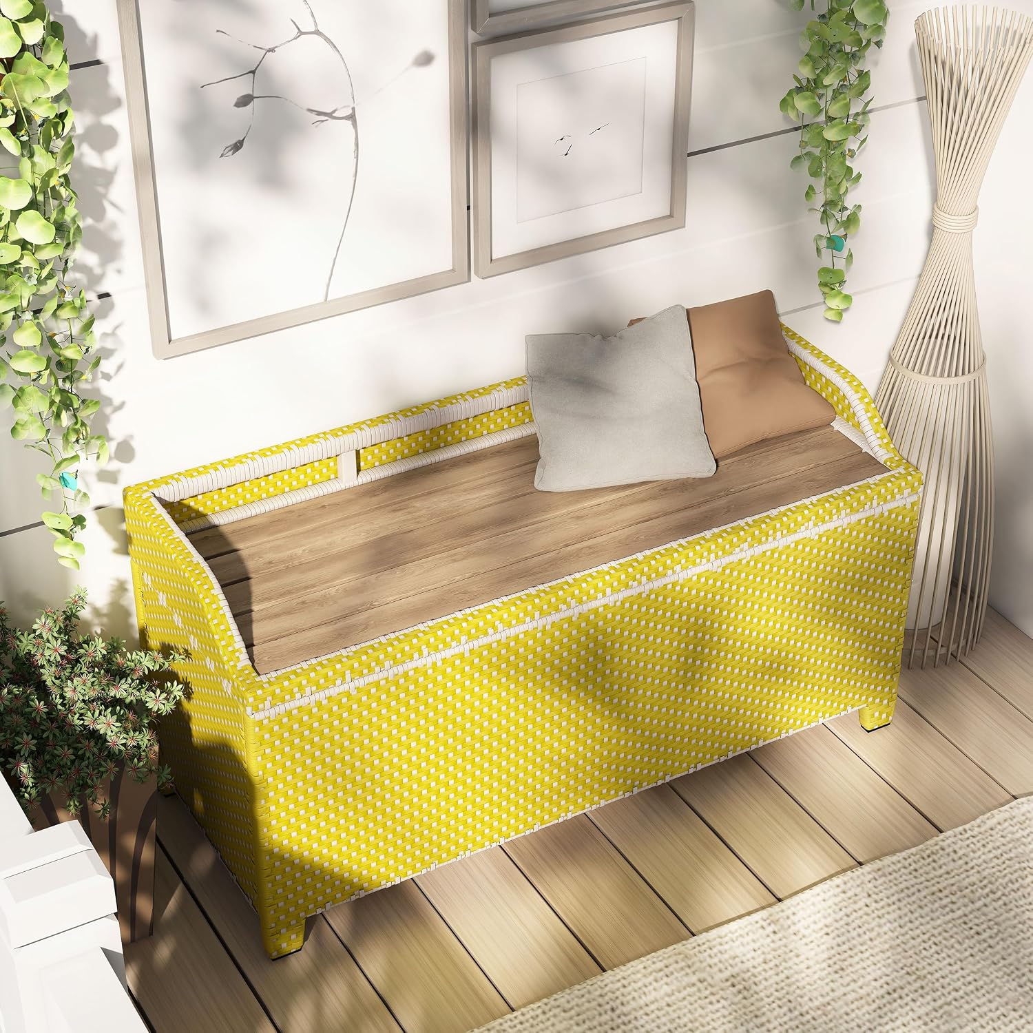 Greemotion Azur Beach Aluminum and All-Weather Wicker 41 in. Wide Storage Bench for Garden, Backyard, Patio, Pool Area, Porch, Yellow and White