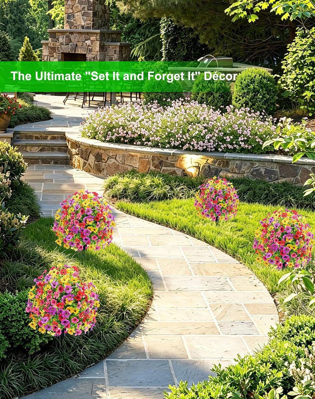 Artificial Topiary Ball Tree Violet Flowers with Spike, 2 Pack 23.6" Faux Plants Evergreen Tree UV Resistant Bushes Plants for Outdoor Front Porch Garden Patio Spring Decor (Mix Color 23.6in)