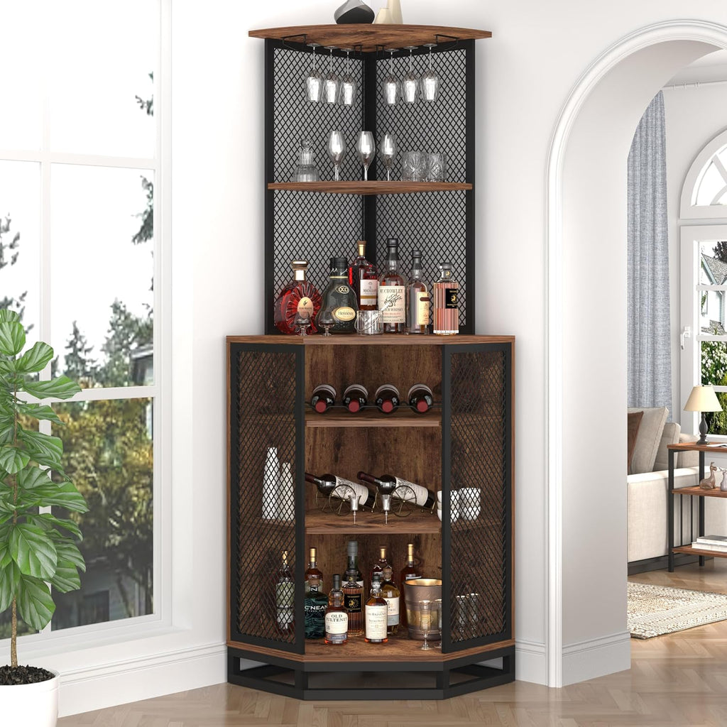 IBF Corner Bar Cabinet 71" Tall Wine Display with Glass Holder, Sturdy 5-Tier Industrial Farmhouse Liquor Storage with Adjustble Shelf，Anti-Tipping Design for Home Kitchen Small Space, Rustic Brown
