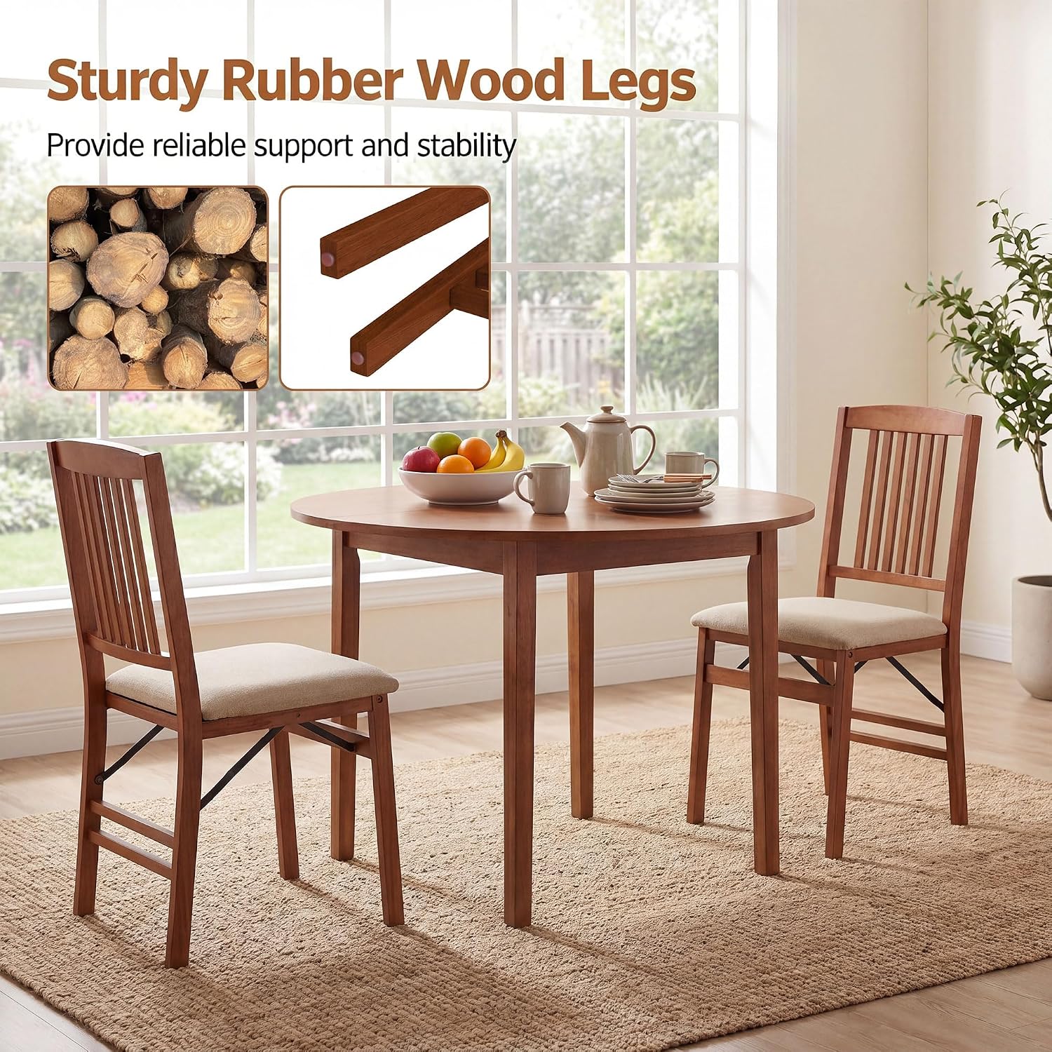 COSTWAY Solid Wood Folding Dining Chairs Set of 2 with Padded Seat, Walnut | 400 LBS Load Bearing, No Assembly Needed, Fabric Seat and Slatted Back, Vintage Foldable Chairs for Kitchen & Apartment