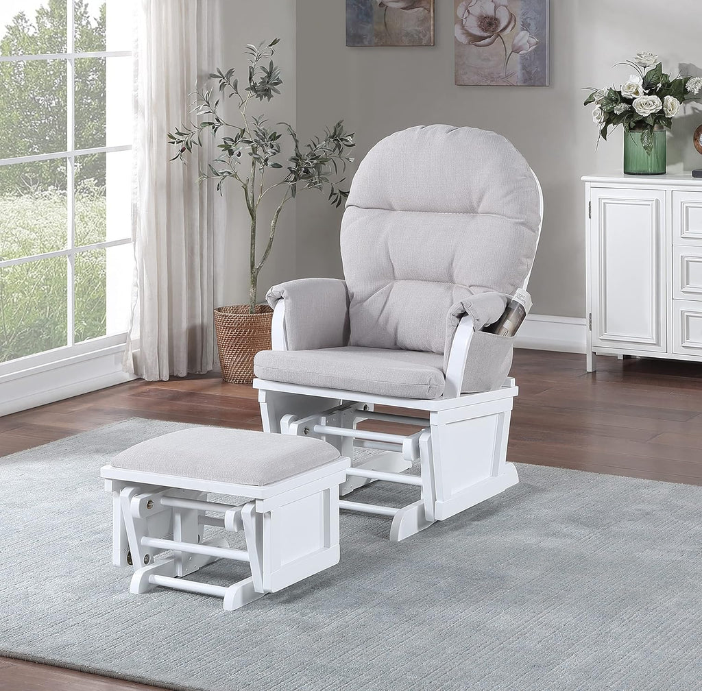 HomVent Nursery Glider Rocking Chair with Ottoman, Upholstered Comfort Nursery Chair & Ottoman with Padded Arms for Napping, Nursing, Reading (White)