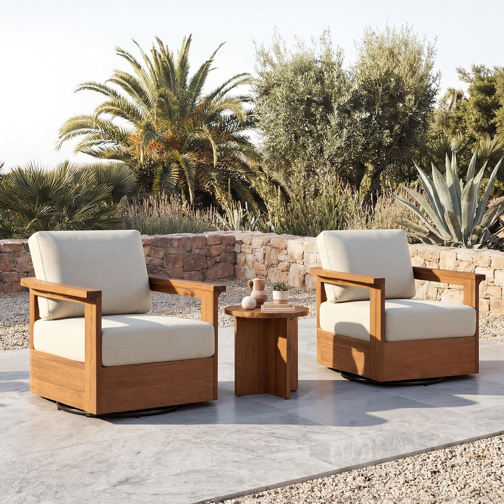 CHITA Patio Acacia 360° Swivel Chair, Outdoor Furniture with 7.7” Thickened Cushions Acacia Wood Frame, Fully Assembled